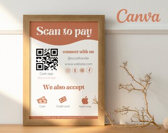 Editable QR code sign template, Scan to pay sign template, Small business template, We accept payment sign, printable scan to pay sign