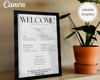 Printable Airbnb Welcome Sign template for cabin | Vacation rental | Canva editable instant download template | Wifi info | House Rules