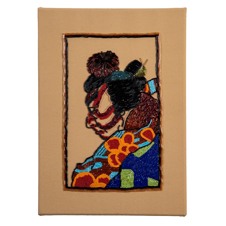 Kabuki savaşçısı Kagekiyo'nun cam boncuklu nakış portresi — Damla Tatlıdil