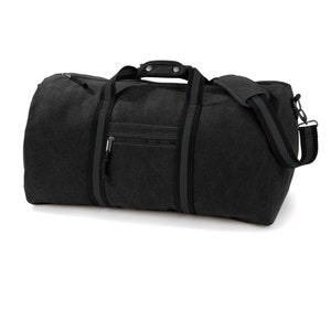 May include: A black canvas duffel bag with a zippered pocket and a top handle. The bag has a gray stripe along the sides and a gray strap.