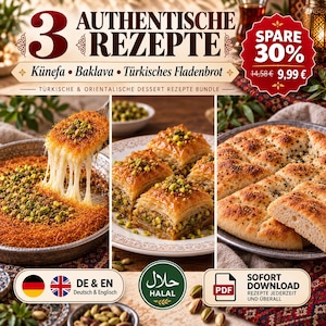 Könnte beinhalten: Ein digitales Rezeptpaket mit drei authentischen Gerichten: Künefe mit geschmolzenem Käse und Pistazien, geschichtetes Baklava mit gehackten Nüssen und rundes türkisches Fladenbrot mit schwarzem Sesam. Der Text enthält 3 AUTHENTISCHE REZEPTE.