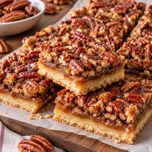 Op de afbeelding: Rechthoekige pecannotentaartrepen met een goudbruine zanddeegbodem, bedekt met een dikke laag amberkleurige karamelvulling en een dichte, knapperige topping van hele en gehakte geroosterde pecannoten, gerangschikt op bakpapier.