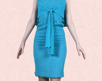 Vintage 50s 60s Anita Modes Couture Turquoise Blue Chiffon Capelet Tie Dress XXS