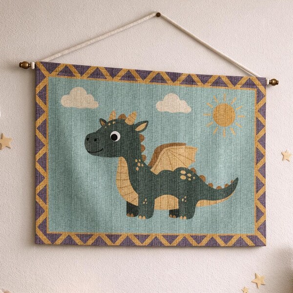 Whimsical Dragon Nursery Tapestry, Woven Fantasy Wall Art, Baby Room Decor