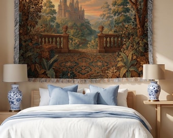 Enchanted Forest Castle Woven Blanket: Cottagecore Cotton Medieval Tapestry