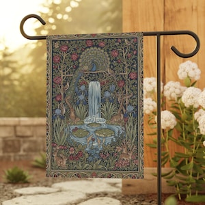 William Morris Style Garden Flag, Peacock Waterfall Yard Sign, Botanical Art Home Decor