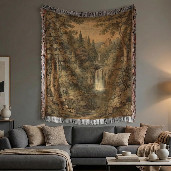 Medieval Castle Woven Tapestry: Enchanted Forest Waterfall Throw Blanket
