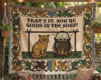 Funny Medieval Cat Woven Throw Blanket, Renaissance Tapestry
