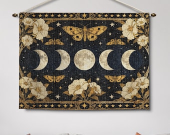 Moon Phases Woven Tapestry | Celestial Moth Wall Hanging | Rustic Midnight Floral Room Decor