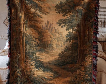 Verdure Forest Cotton Tapestry, French Decor Woven Blanket, Chateaucore Wall Hanging, Antique Tapestry Gifts, Castlecore Home Decor Gift