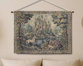 Enchanted Castle Woven Tapestry, Unicorn and Dragon, Fantasy Home Decor