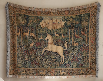 Manta de Unicórnio Tecida, Tapeçaria Medieval Renascentista, Decoração Fantástica
