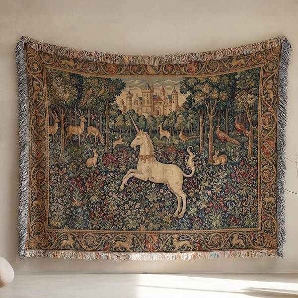 Unicorn Woven Blanket, Medieval Renaissance Tapestry, Fantasy Decor