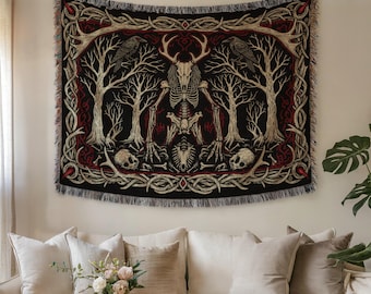 Gothic Wendigo Woven Blanket, Skeleton Deer, Raven Tapestry