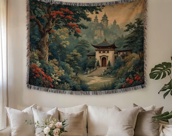 Asian Landscape Woven Blanket: Oriental Tapestry, Japanese Pagoda Wall Decor