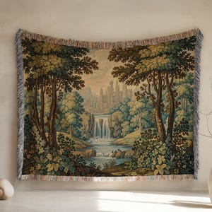 Tapestry Wall Hanging with Castle and Waterfall Scene, Forest Landscape Wall Art, Scenic Home Decor, Large Wall Tapestry