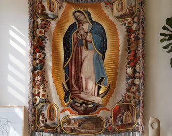 Our Lady of Guadalupe Woven Blanket: Catholic Jacquard Tapestry