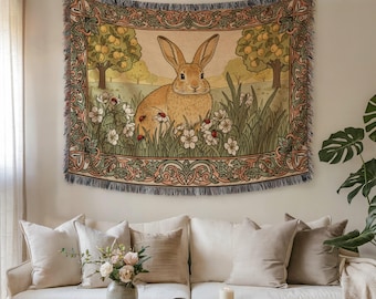 Two Rabbits Woven Blanket William Morris Inspired 100% Cotton