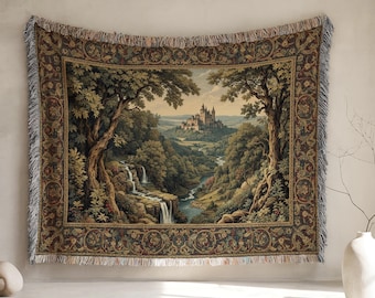 Medieval Castle Woven Blanket: Cotton Vintage Tapestry Throw, Fantasy Home Decor