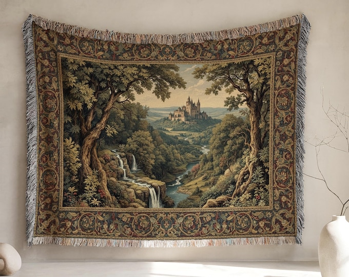 Medieval Castle Woven Blanket: Cotton Vintage Tapestry Throw, Fantasy Home Decor