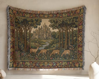 Castle Woven Blanket, Medieval Tapestry Throw, Forest Wall Hanging, Cottagecore Decor