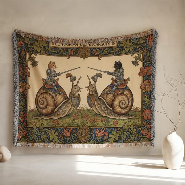 Mittelalterlicher Wandteppich „Schneckenturnier“, gewebte Decke „Katzenritter“, origineller Wandbehang