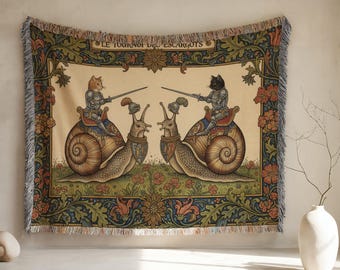 Snail Joust Medieval Tapestry, Cat Knight Woven Blanket, Quirky Wall Hanging