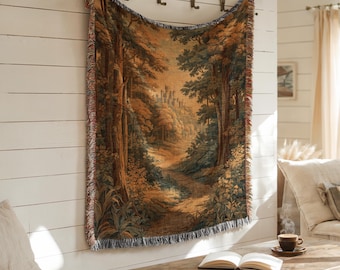 Forest Castle Woven Blanket | Medieval Woodland Tapestry | Rustic Fantasy Throw Blanket