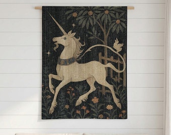 Unicorn Woven Tapestry | Medieval Fantasy Wall Hanging | Rustic Mythical Kingdom Room Decor