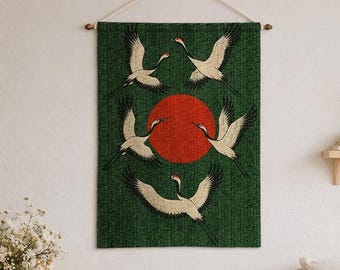 Crane Woven Tapestry: Japanese Wall Art, Asian Nature Decor
