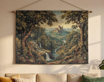 Enchanted Castle Woven Tapestry | Medieval Fantasy Wall Hanging | Rustic Storybook Fairy Tale Decor