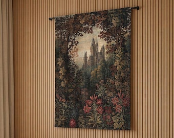 Medieval Castle Woven Tapestry | Gothic Fantasy Wall Hanging | Rustic Dark Kingdom Room Decor