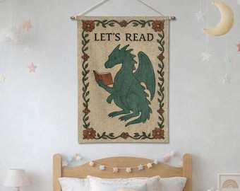 Dragon Reading Woven Tapestry: Fantasy Book Lover Decor, Kids Nursery Wall Decor