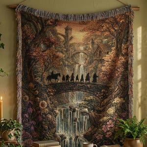 May include: A tapestry showing a fantasy scene with a bridge, waterfall, and figures. The artwork uses warm colours like browns, oranges, and greens. The tapestry has a fringed edge and is hung on a wooden rod, creating a decorative element.