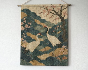 Crane Woven Tapestry: Japanese Oriental Art Wall Hanging