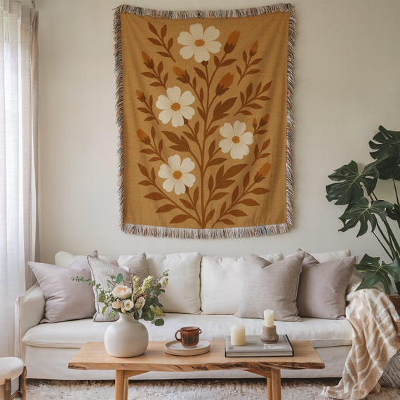 Boho Floral Woven Blanket: Botanical Tapestry Wall Hanging