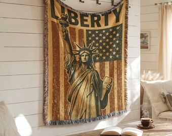 Statue of Liberty Woven Blanket | Patriotic American Tapestry Wall Hanging | Rustic Heritage Throw