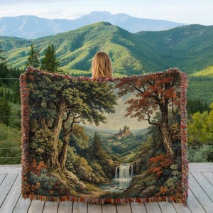 Tapestry Throw Blanket with Scenic Mountain Castle Design, Cozy Decorative Blanket for Couch Bed, Artistic Nature Scene Blanket