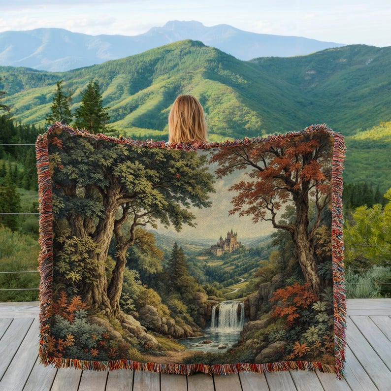 Tapestry Throw Blanket with Scenic Mountain Castle Design, Cozy Decorative Blanket for Couch Bed, Artistic Nature Scene Blanket