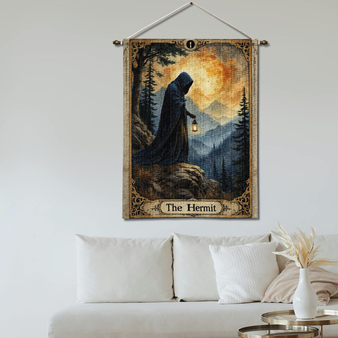 The Hermit Tarot Card Woven Tapestry: Witchy Gothic Wall Decor