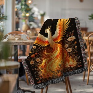 Phoenix Rising Blanket, Cozy Bohemian Throw, Mythical Bird Decorative Blanket, Firebird Floral Art, Vibrant Living Room Decor