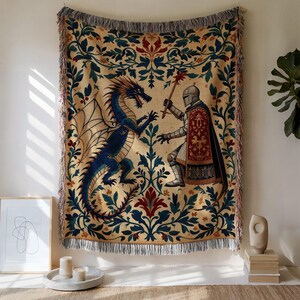 Medieval Tapestry Wall Hanging, Dragon and Knight Medieval Decor, Gothic Home Decor, Fantasy Wall Art, Castle Decoration
