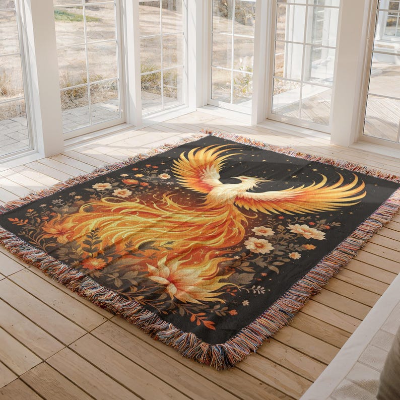 Phoenix Blanket, Firebird Throw, Burnt Orange Tapestry, Mythical Creature Decor, Fiery Bird Illustration, Cozy Home Accent