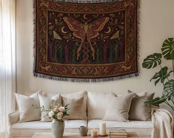 Luna Moth Celestial Woven Blanket, Bohemian Dark Academia Tapestry, Gothic Wall Hanging