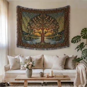 Tree of Life Woven Cotton Blanket: William Morris Style Tapestry