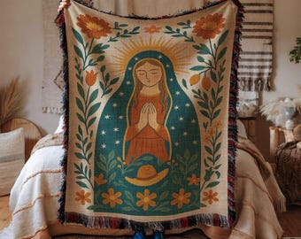 Virgin Mary Woven Cotton Blanket: Floral Catholic Throw, Boho Decor