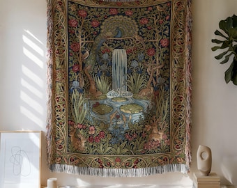 Coperta in cotone intrecciato con motivo a pavone, arazzo da parete ispirato a William Morris