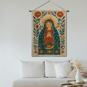 Virgin of Guadalupe Woven Tapestry: Catholic Floral Home Decor