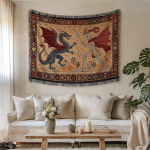 Coperta tessuta del cavaliere del drago: arazzo fantasy medievale