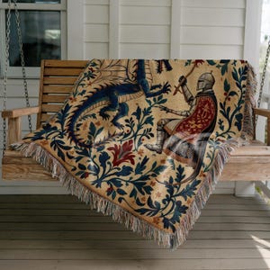 Medieval Knight and Dragon Tapestry Blanket, Cozy Woven Throw for Home Decor, Unique Medieval Theme Blanket for Couch or Bed